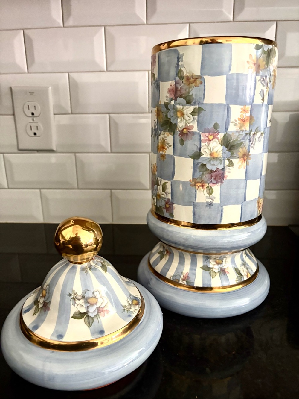 Mackenzie Childs Honeymoon Blue & White Floral Check Ceramic Jar with Gold Trim